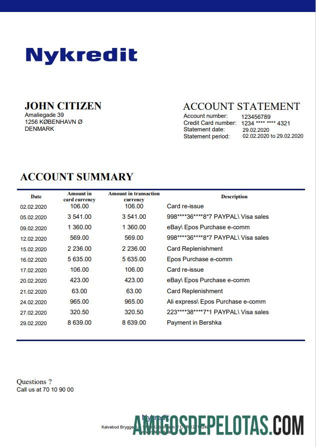 Exemplo de extrato bancário Nykredit da Dinamarca